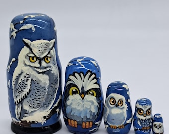 5" Nesting dolls Owls Matryoshka Handmade and painted Bird Russian doll 5 in 1 Wooden toy for kids gifts and collection or home decor