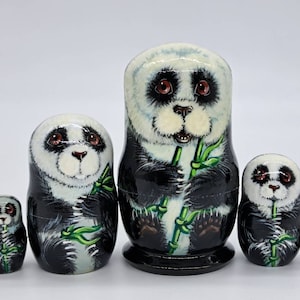 4&quot; Panda family Nesting dolls Animal matryoshka 5 in 1. Handmade in Ukraine Gift for kids and collection