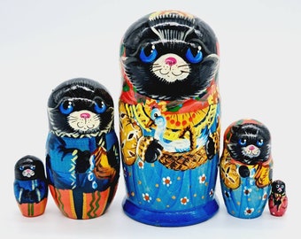 Black Cats Nesting dolls family Matryoshka 4" tall 5 pieces inside handmade and hand painted Wooden toy Russian dolls From Ukraine