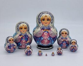 6" Muñecas anidadas Matryoshka 10 en 1 hechas a mano Juguete de madera Apilamiento muñeca rusa