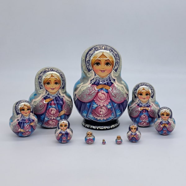 6" Nesting dolls Matryoshka 10 in 1 made by hand Wooden toy Stacking Russian doll