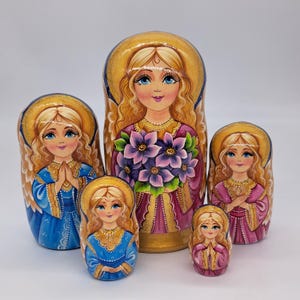 7&quot; Nesting dolls Angel with flowers 5 in 1 matryoshka Hand crafted in Ukraine Wooden toy Stacking dolls