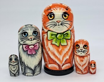 4" rode katten nestelende poppen 5 in 1 handgemaakt en geschilderd in Oekraïne dieren stapelpoppen houten speelgoed voor kinderen home decor Oekraïense volkskunst