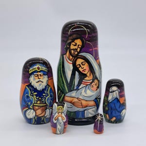5&quot; Nativity nesting dolls 5 in 1 Christmas matryoshks decor Stacking Wooden toy Handmade and painted in Ukraine