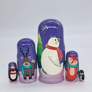 6&quot; Christmas friends Winter Matryoshka 5 in 1 Hand made in Ukraine Artwork Wooden toy Stacking dolls Stunning gift