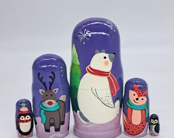 Winter Animal Matryoshka Dolls: Hand Painted Wooden Nesting Set