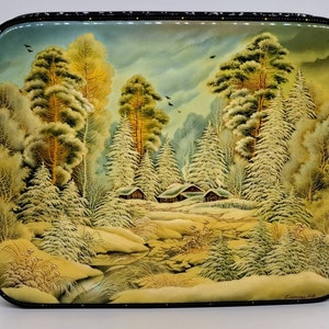 Fedoskino Russian Lacquer miniature box Winter landscape Handmade and signed by Bolotova Papier mache, mother of pearl