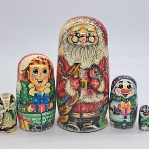 Christmas Nesting Dolls: Santa, Elf, Snowman, Owl, Penguin - 7&quot; Hand Painted Matryoshka