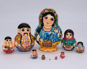 6" Nesting dolls 10 in 1 family matryoshka Exclusive stacking doll handmade and hand painted Art wooden toy Made in Ukraine