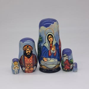 5" Nativity nesting dolls 5 in 1 Christmas matryoshks decor Stacking Wooden toy Handmade and painted in Ukraine