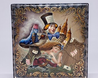Hand painted Lacquer miniature box, Kholui "Alice" artist Kovaliova