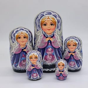 7&quot; Purple Nesting dolls matryoshka 5 in 1 Princess Handmade in Ukraine Wooden toy Stacking dolls Home decor Good for kids and gift