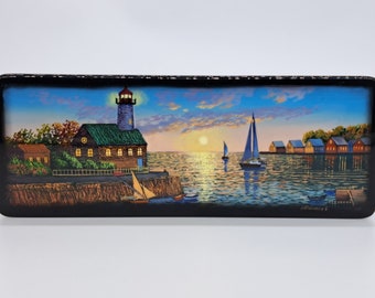Lacquer miniature box "Evening in the port city" Handmade and painted in Ukraine in 2022 Kind of Russian box
