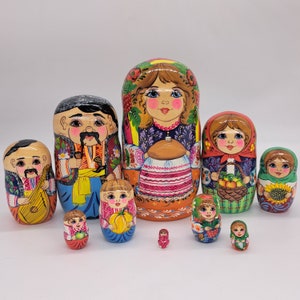 9&quot; Nesting dolls 10 in 1 matryoshka &quot;Ukrainian family&quot; handmade and hand painted in Ukraine Wooden toy, home decor Exclusive art