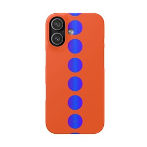 May include: Orange phone case with a pattern of six large, evenly spaced blue and purple gradient circles. The case has a dual-lens camera cutout at the top.