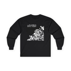 Könnte beinhalten: Schwarzes Langarmshirt mit weißem Grafikdesign. Das Design zeigt den Text "Unit Pride" über einer detaillierten Illustration von Figuren. Das Shirt besteht aus einem weichen, bequemen Material.