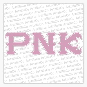 May include: Pink letters spelling out "PNK" in a bold, blocky font style. The letters are a light pink color with a white outline.