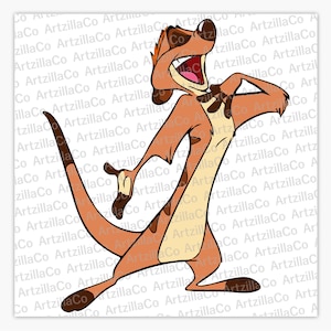 May include: A cartoon meerkat with brown fur and a white stripe down its back is standing on its hind legs with its arms raised. The meerkat is looking to the right and has its mouth open in a yell. The meerkat has a long tail that is curled around its body.