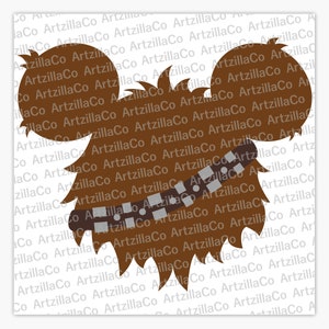 May include: A brown Chewbacca character silhouette with a white bandolier. The character is wearing a white headband and has a furry appearance.