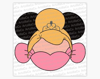 May include: A pink and yellow princess-themed character with a crown, large ears, and a bow. The character is wearing a pink dress.