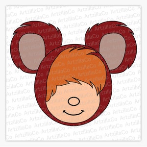 May include: A cartoon illustration of a red-haired person wearing a red and brown mouse costume with large ears. The person is smiling and has a light brown face.