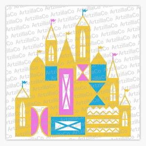 May include: A stylized illustration of a yellow castle with pink, blue, and white accents. The castle has multiple towers and windows, and a whimsical design.