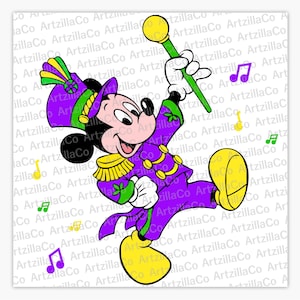 May include: A cartoon illustration of Mickey Mouse dressed as a marching band leader. He is wearing a purple and gold uniform with a green hat and holding a baton. The background is white with musical notes.