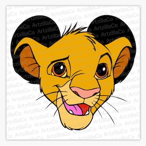 May include: A cartoon illustration of Simba from The Lion King, with large black ears, a yellow face, and a pink tongue sticking out.