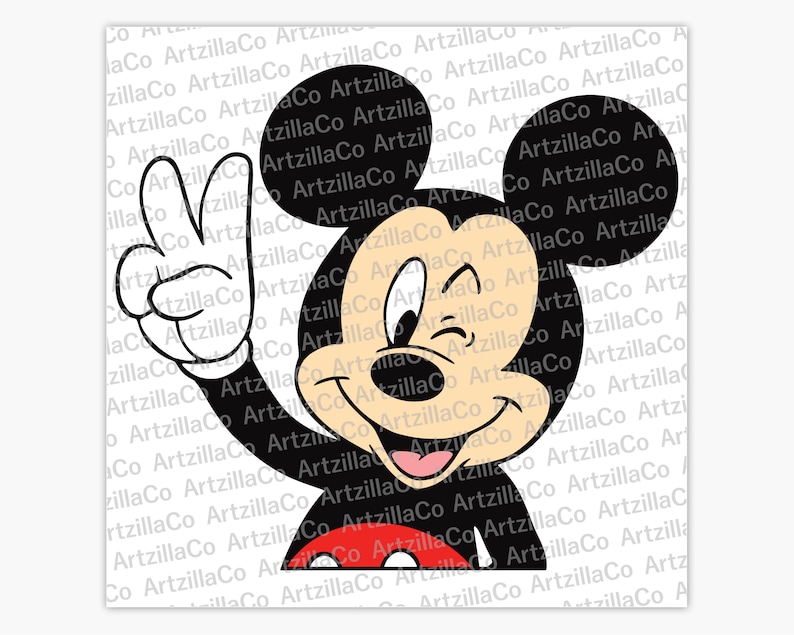 May include: A cartoon illustration of Mickey Mouse giving the peace sign with a black and white outline and a red and yellow color scheme.