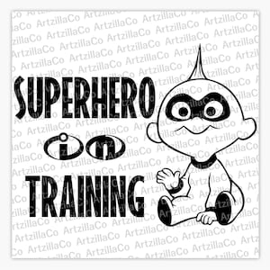 May include: Black and white illustration of a baby superhero in training. The image includes the text "SUPERHERO IN TRAINING".