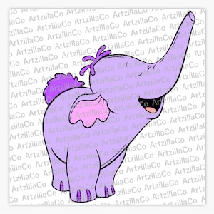 Könnte beinhalten: Ein lilafarbener Cartoon-Elefant mit einem rosa Ohr und einer lila Blume auf dem Kopf. Der Elefant lächelt und hat seinen Rüssel in die Luft erhoben.