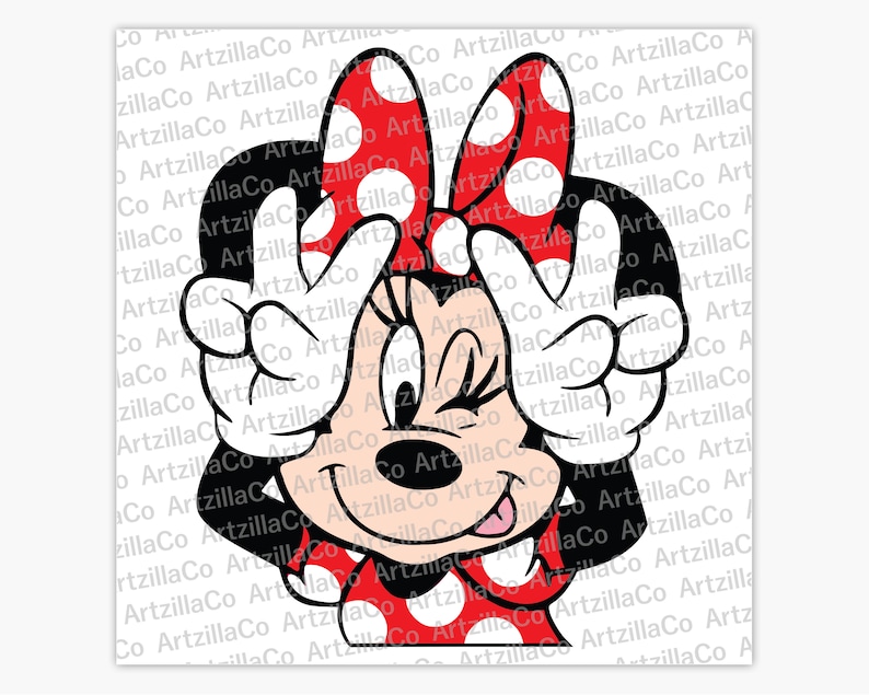 May include: A cartoon illustration of a female character with black eyes, red lips, and a red bow with white polka dots. She is wearing a red dress with white polka dots and is making a peace sign with both hands.