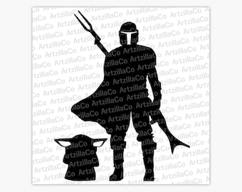 May include: Black silhouette of a Mandalorian warrior with a spear and a small, round creature with large ears. The background is white.