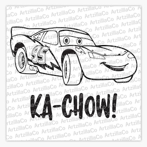May include: Black and white line art illustration of a cartoon racing car with the words "KA-CHOW!" underneath. The car has a big smile and the number 95 on the side.