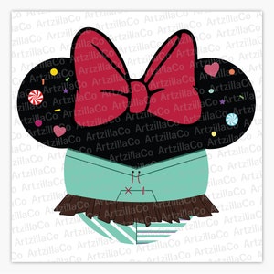 May include: Black and white cartoon mouse ears with a red bow and a teal and white striped dress. The ears are decorated with colorful candy and hearts.