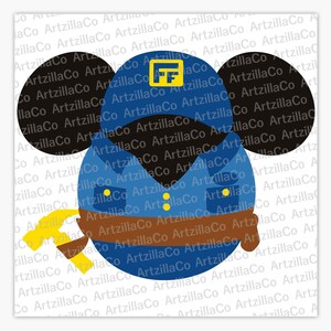May include: A blue and black Mickey Mouse head silhouette with a yellow hammer and a brown belt. The Mickey Mouse head is wearing a blue and yellow uniform with a yellow badge that says "FF".