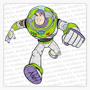 May include: A cartoon illustration of Buzz Lightyear, a space ranger from the Toy Story franchise. He is wearing a green and purple spacesuit with a helmet and a large visor. He is running with his right arm outstretched and his left foot forward. The words "ANDY" are written on his left boot.