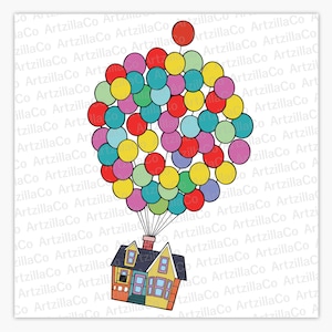 May include: A yellow house with red trim and a brown roof is lifted into the air by a cluster of colourful balloons. The balloons are red, yellow, blue, green, and purple.