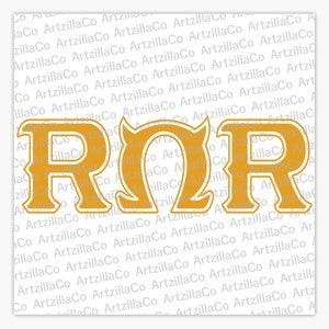 May include: A gold-colored graphic with the letters "ROR" in a bold, blocky font. The "O" is stylized with a curved top and a small tail, resembling a horn.