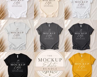 Bella Canvas 3001 Mockup Bundle | Rolled Sleeve T Shirt Flat Lay | Feminine Shirt Mockup | Styled Apparel Mockup | Instant Download