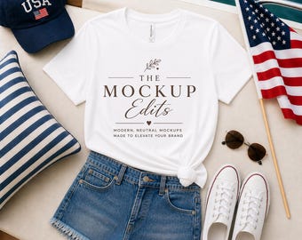 Bella Canvas 3001 White Mockup | July 4th Shirt Mockup | Cozy Lifestyle Mockup | Neutral Aesthetic | Blank Tee Mockup | Shirt Mockup