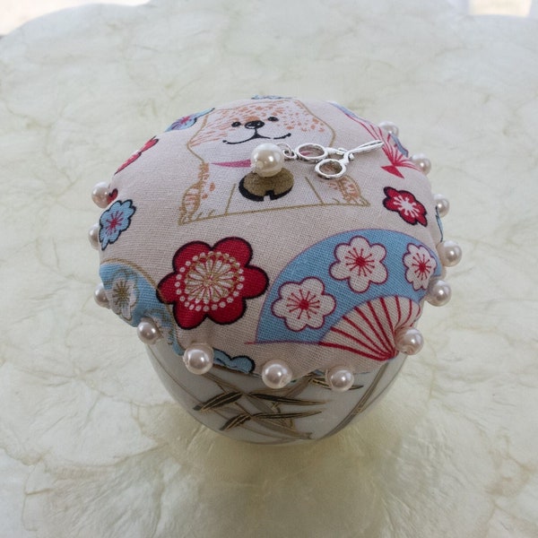 Corgi Dog Pincushion With Japanese Fans Surrounded By Pearls In Rice Bowl Mothers Day Gift Hand Crafted With Scissors Charm Gift For Mother