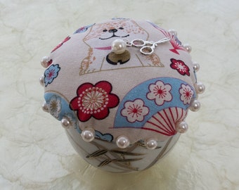 Corgi Dog Pincushion With Japanese Fans Surrounded By Pearls In Rice Bowl Mothers Day Gift Hand Crafted With Scissors Charm Gift For Mother