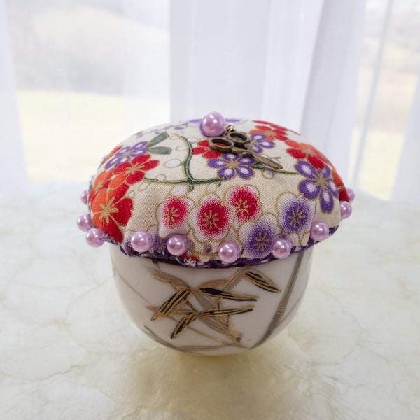 Oriental Style Pincushion Upcycled Rice Bowl With Bamboo Motif And Japanese Floral Design Fabric With Hand Sewn Pearls Great Gift For Mom