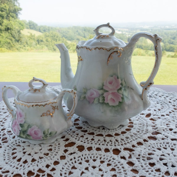 Hand Painted And Signed Tea Set, Vintage Austrian Pink Roses Signed By Artist Porcelain Teapot, Sugar Bowl,  Repaired Creamer Added As Bonus