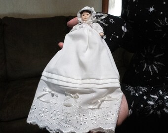 Hand Made Baby Doll In White Christening Gown, Vintage Hand Painted Porcelain Baby Doll In White Baptismal Eyelet Gown And Bloomers