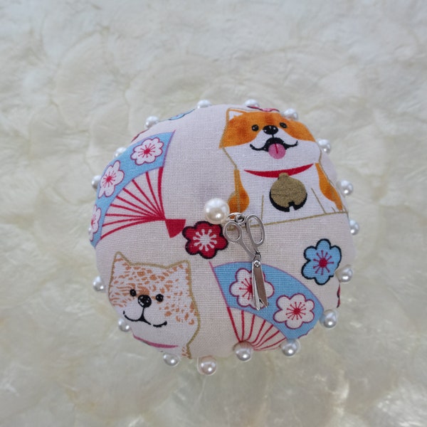 Corgi Dogs Pincushion With Japanese Fans Print In Vintage Bamboo Design Rice Bowl Decorated With Pearls and Charm Mothers Day Gift