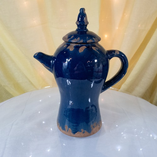 Handmade Rustic Navy Blue Coffee Pot Or Teapot, Vintage Hand Crafted