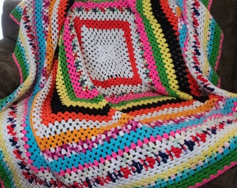 Odds And Ends Crocheted Afghan, Handmade Multi-Colored Bed Size Crocheted Afghan, Geometric Crochet Afghan, Boho Multi-Color Afghan