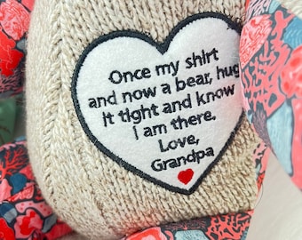 Memory Bear from clothing, Handmade Bear, Bear from loved one's clothing, memory bear patch,gift for fam, keepsake bear, personalized Bear,